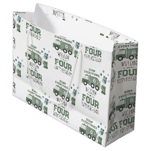 Cute Green Recycling Truck Kids Name Age Birthday Large Gift Bag