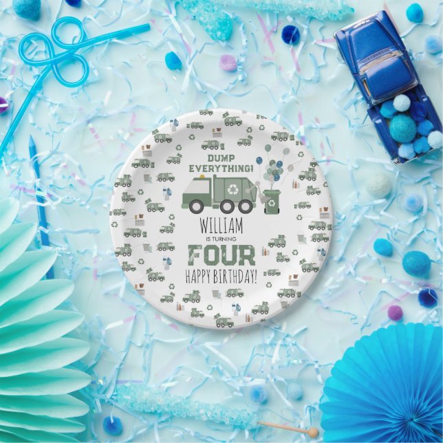 Cute Green Recycling Truck Kids Name Age Birthday Paper Plate (Party)