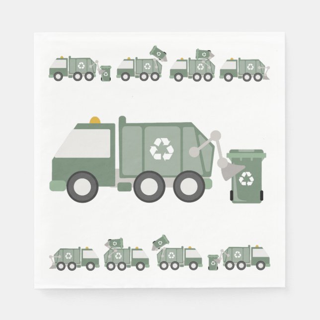 Cute Green Recycling Truck Kids Vehicles Birthday Napkin (Front)