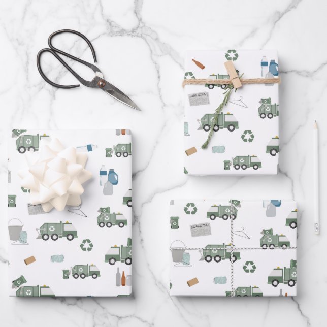 Cute Green Recycling Truck Kids Vehicles Pattern Wrapping Paper Sheet (Front)