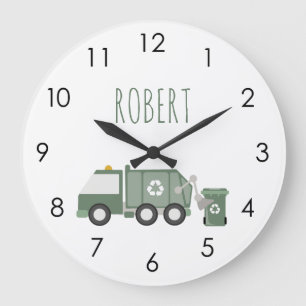 Cute Green Recycling Truck Vehicles Kids Name Large Clock