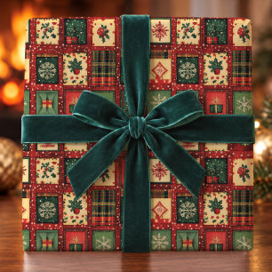 Cute Green Red Patchwork Blocks Christmas Wrapping Paper