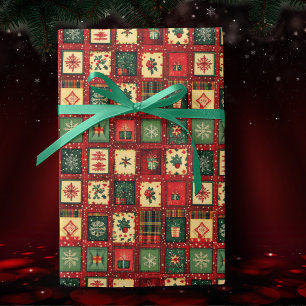 Cute green red patchwork blocks wrapping paper
