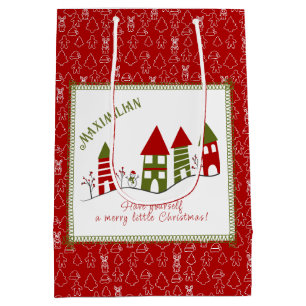 Cute green&red village in the snow at Christmas  Medium Gift Bag
