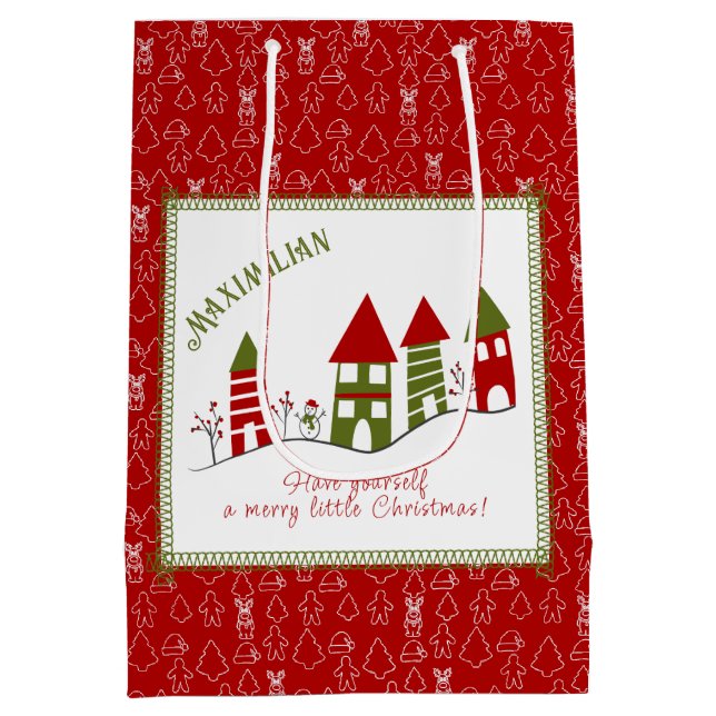 Cute green&red village in the snow at Christmas  Medium Gift Bag (Back)