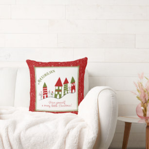 Cute green&red village in the snow at Christmas  Throw Pillow