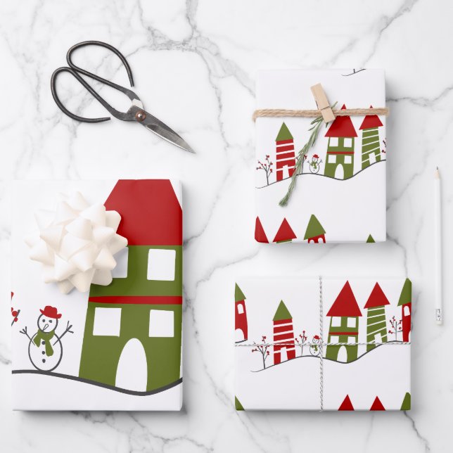 Cute green&red village in the snow at Christmas Wrapping Paper Sheet (Front)