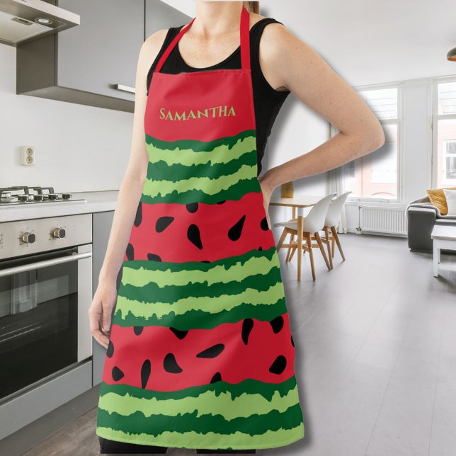 Cute Green & Red Watermelon Design Custom Name  Apron (Creator Uploaded)