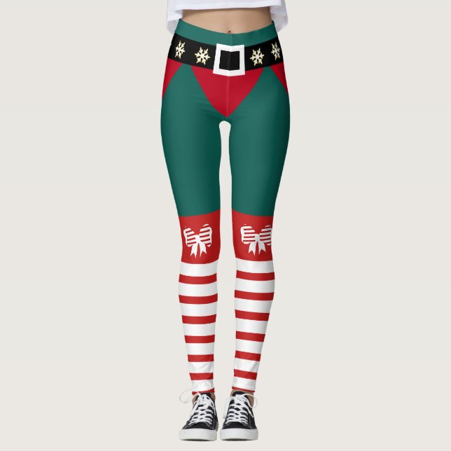 Cute Green Red White Stripes Candy Cane Elf Womens Leggings (Front)