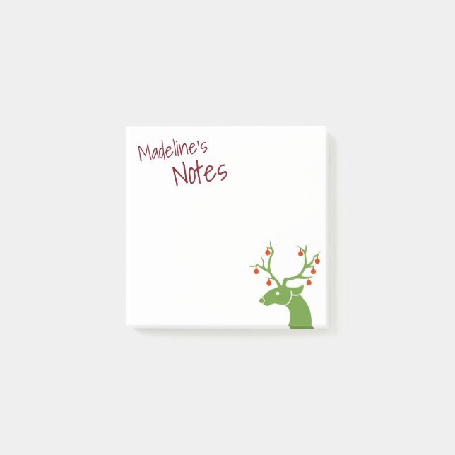 Cute Green Reindeer Personalized Post-it Notes (Front)