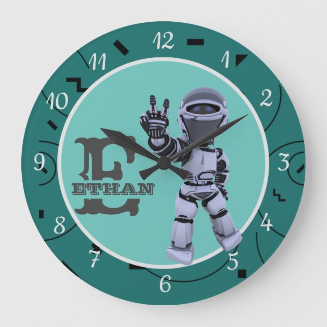 Cute Green | Robot | Pattern Design Acrylic Large Clock (Front)