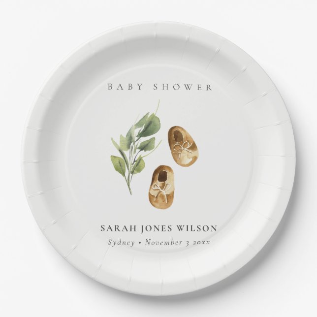 Cute Green Rust Orange Shoes Foliage Baby Shower Paper Plate (Front)