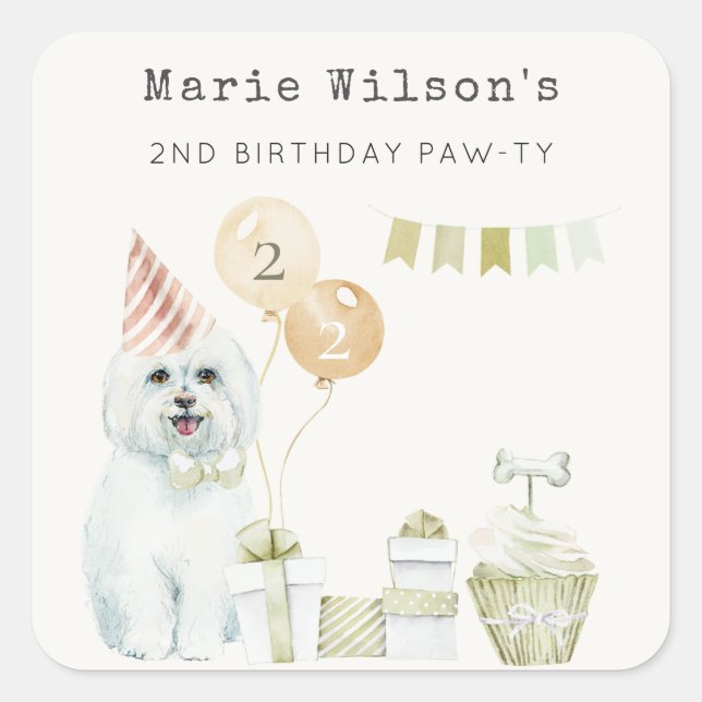 Cute Green Rust Party Puppy Dog Any Age Birthday Square Sticker (Front)