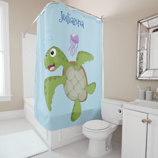 Cute green sea turtle happy cartoon illustration (In Situ)