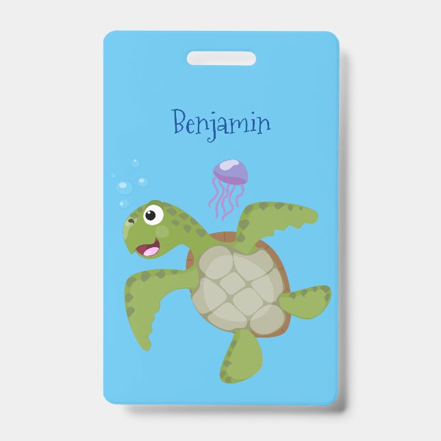 Cute green sea turtle happy cartoon illustration badge (Front)