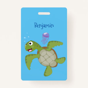 Cute green sea turtle happy cartoon illustration badge