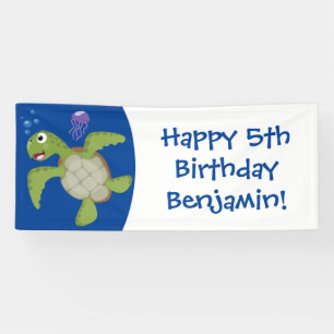Cute green sea turtle happy cartoon illustration banner