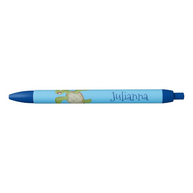 Cute green sea turtle happy cartoon illustration black ink pen (Front)