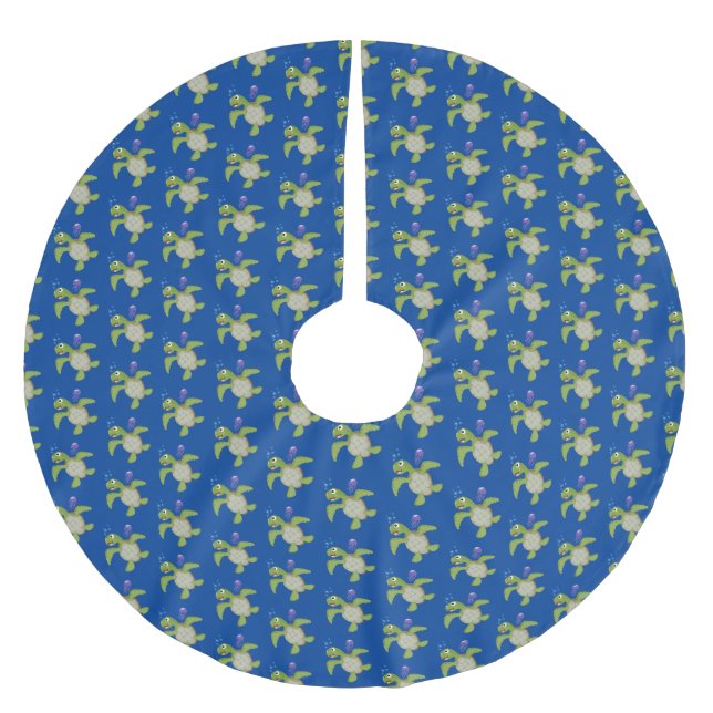 Cute green sea turtle happy cartoon illustration brushed polyester tree skirt (Front)