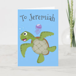 Cute green sea turtle happy cartoon illustration card