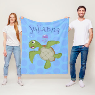 Cute green sea turtle happy cartoon illustration fleece blanket