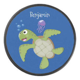 Cute green sea turtle happy cartoon illustration hockey puck