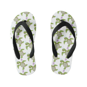 Cute green sea turtle happy cartoon illustration kid's flip flops