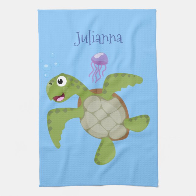 Cute green sea turtle happy cartoon illustration kitchen towel (Vertical)