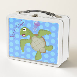 Cute green sea turtle happy cartoon illustration metal lunch box