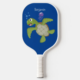 Cute green sea turtle happy cartoon illustration pickleball paddle