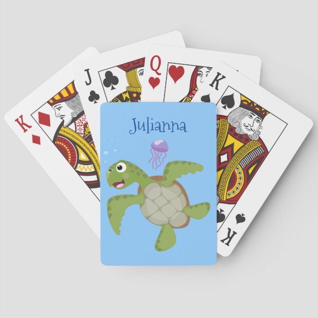 Cute green sea turtle happy cartoon illustration playing cards (Back)
