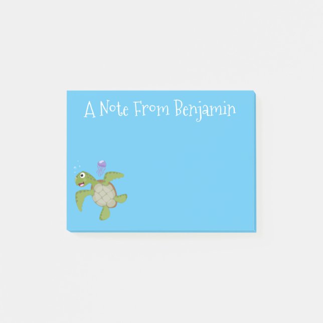Cute green sea turtle happy cartoon illustration post-it notes (Front)