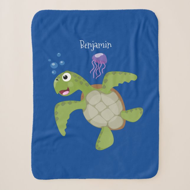 Cute green sea turtle happy cartoon illustration sherpa blanket (Front)