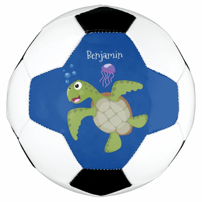 Cute green sea turtle happy cartoon illustration soccer ball (Front)