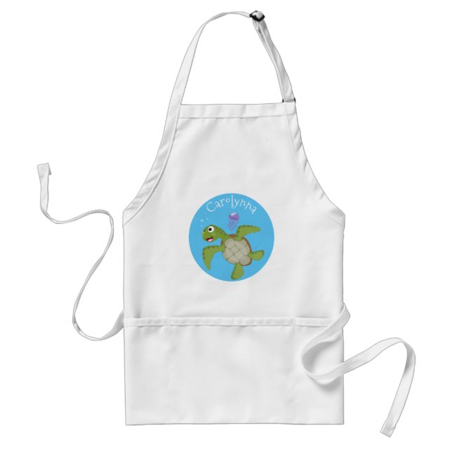 Cute green sea turtle happy cartoon illustration standard apron (Front)