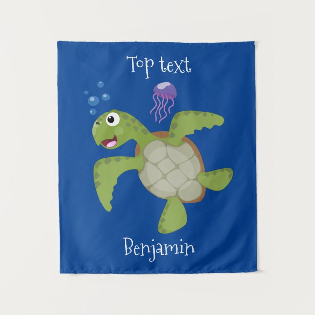 Cute green sea turtle happy cartoon illustration tapestry (Front)