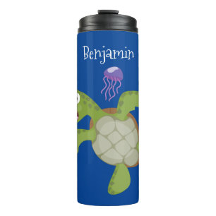 Cute green sea turtle happy cartoon illustration thermal tumbler