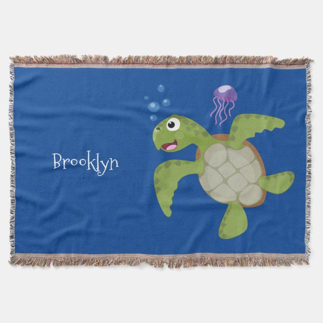 Cute green sea turtle happy cartoon illustration throw blanket (Front)