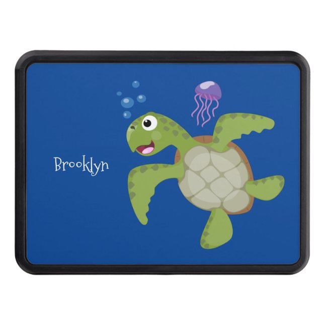 Cute green sea turtle happy cartoon illustration trailer hitch cover (Front)
