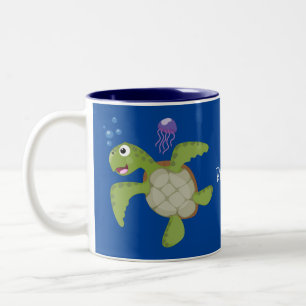 Cute green sea turtle happy cartoon illustration Two-Tone coffee mug
