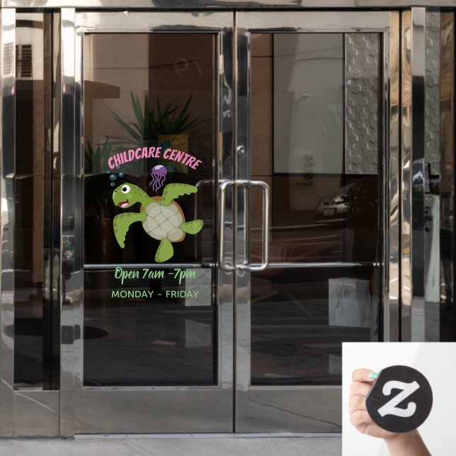 Cute green sea turtle happy cartoon illustration window cling (Office Door)