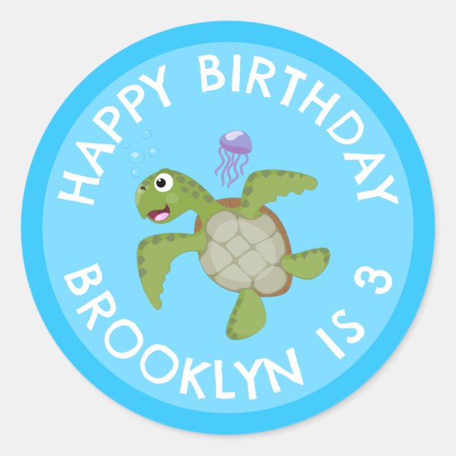 Cute green sea turtle happy cartoon personalized classic round sticker (Front)