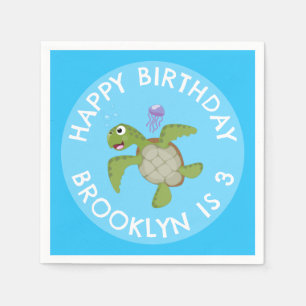 Cute green sea turtle happy cartoon personalized napkin