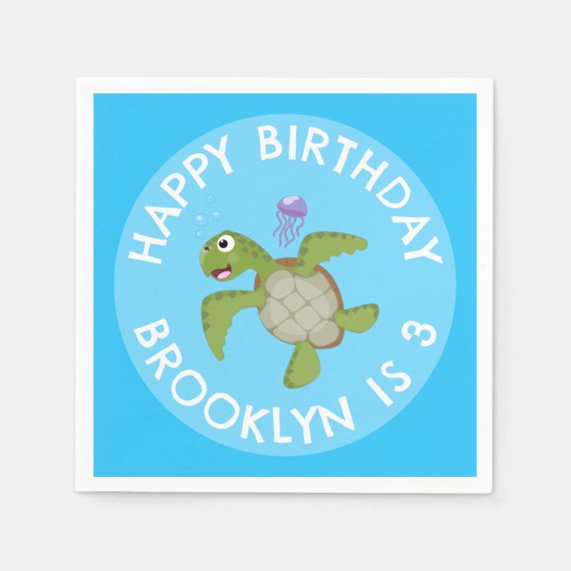 Cute green sea turtle happy cartoon personalized napkin (Front)