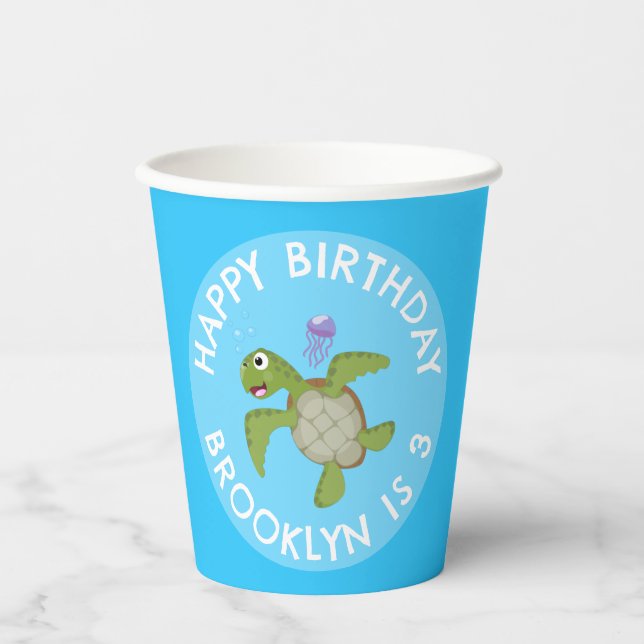Cute green sea turtle happy cartoon personalized paper cups (Front)