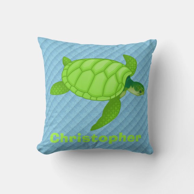 Cute Green Sea Turtle on Blue, Add Name Throw Pillow (Front)