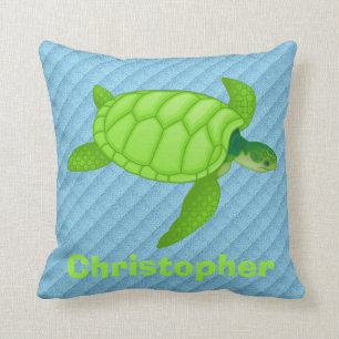 Cute Green Sea Turtle on Blue, Add Name Throw Pillow