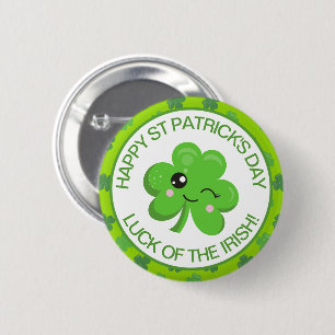 Cute Green Smiling Irish Lucky Clover 2 Inch Round Button