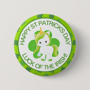 Cute Green Smiling Irish Lucky Unicorn and Clover 2 Inch Round Button