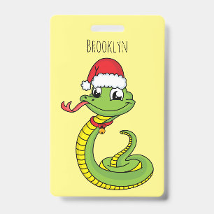 Cute green snake with santa hat cartoon badge